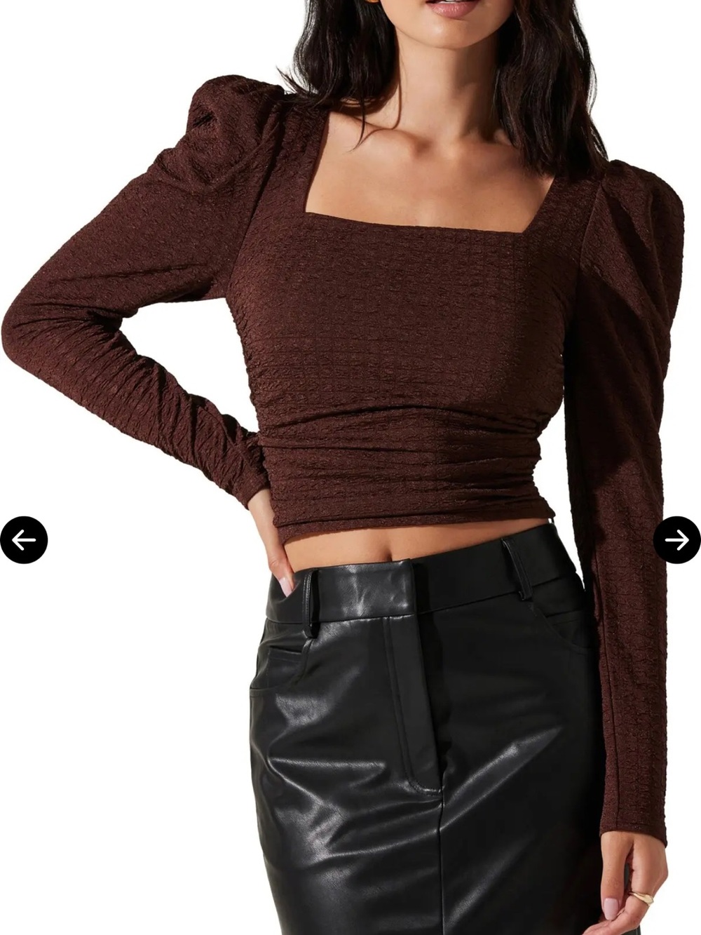 ASTR Square Neck Brown Textured Puff-Sleeve Long Sleeve Top